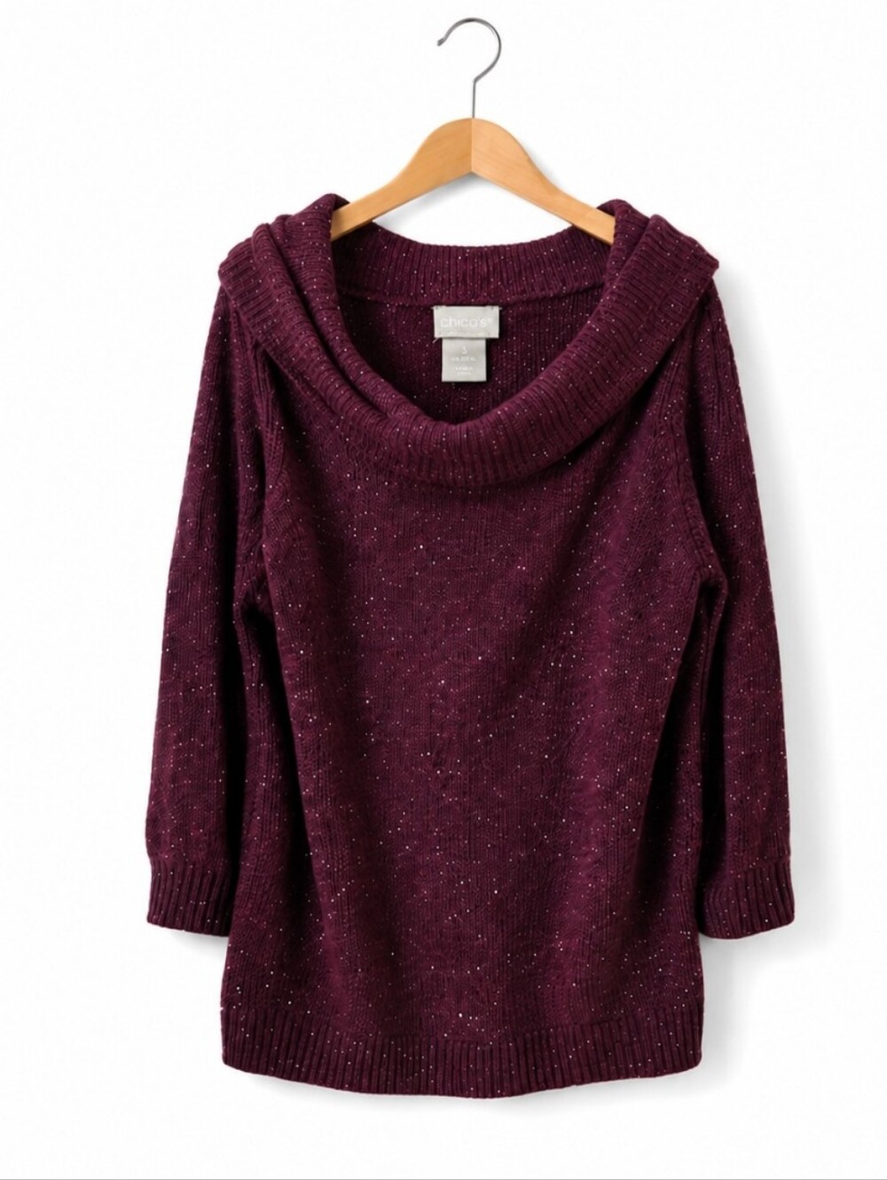 Chicos Burgundy Draped Cowl Neck Metallic Thread Sweater Sz 3 (XL)